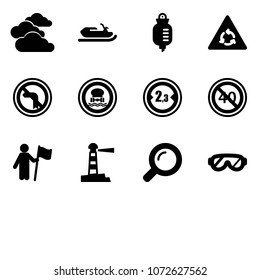 Solid vector icon set - clouds vector, snowmobile, drop counter, round motion road sign, no left turn, dangerous cargo, limited width, end minimal speed limit, win, lighthouse, magnifier