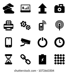 Solid vector icon set - clouds vector, account statistics, uplooad, camera, printer, gears, mobile phone, antenna, surveillance, standby button, clock, sand, link, battery, circuit