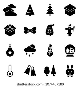 Solid vector icon set - clouds vector, christmas tree, gift, bow, santa claus, ball, snowfall, snowman, snowball house, thermometer, flippers, forest, toy rabbit
