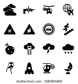 Solid vector icon set - clouds vector, boarding passengers, helicopter, plane globe, airport road sign, abrupt turn right, no bus, career, moon flag, cloud ladder, storm, rain, kite, rocket, toy
