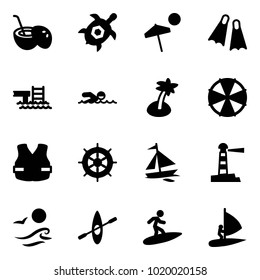 Solid vector icon set - coconut cocktail vector, sea turtle, beach, flippers, pool, swimming, palm, parasol, life vest, hand wheel, sail boat, lighthouse, waves, kayak, surfing, windsurfing