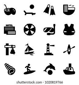 Solid vector icon set - coconut cocktail vector, lounger, flippers, hotel, sea, parasol, diving, life vest, ship bell, sail boat, lighthouse, kayak, shell, surfing, dolphin, toy