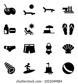 Solid vector icon set - coconut cocktail vector, lounger, pool, uv cream, beach, inflatable, flip flops, swimsuit, shell, surfing, sand castle, ball