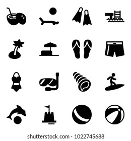 Solid vector icon set - coconut cocktail vector, lounger, flippers, pool, palm, inflatable, flip flops, swimsuit, diving, shell, surfing, dolphin, sand castle, ball, beach