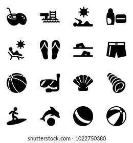 Solid vector icon set - coconut cocktail vector, pool, reading, uv cream, beach, flip flops, swimsuit, ball, diving, shell, surfing, dolphin