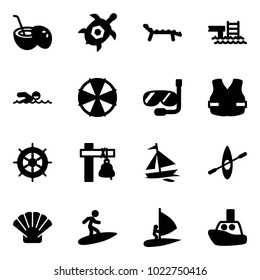 Solid vector icon set - coconut cocktail vector, sea turtle, lounger, pool, swimming, parasol, diving, life vest, hand wheel, ship bell, sail boat, kayak, shell, surfing, windsurfing, toy