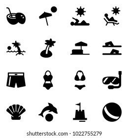 Solid vector icon set - coconut cocktail vector, beach, reading, palm, inflatable pool, flip flops, swimsuit, diving, shell, dolphin, sand castle, ball