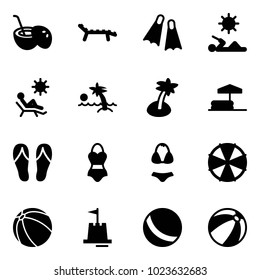 Solid vector icon set - coconut cocktail vector, lounger, flippers, reading, beach, palm, inflatable pool, flip flops, swimsuit, parasol, ball, sand castle