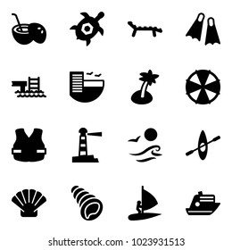 Solid vector icon set - coconut cocktail vector, sea turtle, lounger, flippers, pool, hotel, palm, parasol, life vest, lighthouse, waves, kayak, shell, windsurfing, cruiser