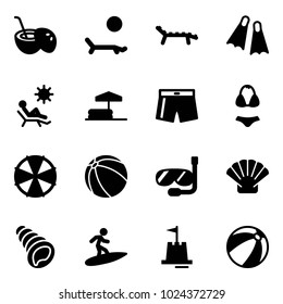 Solid vector icon set - coconut cocktail vector, lounger, flippers, beach, inflatable pool, swimsuit, parasol, ball, diving, shell, surfing, sand castle