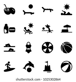Solid vector icon set - coconut cocktail vector, lounger, reading, uv cream, beach, palm, inflatable pool, flip flops, swimsuit, parasol, ball, surfing, dolphin, sand castle