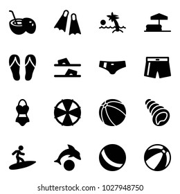 Solid vector icon set - coconut cocktail vector, flippers, palm, inflatable pool, flip flops, swimsuit, parasol, ball, shell, surfing, dolphin, beach