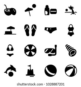 Solid vector icon set - coconut cocktail vector, beach, uv cream, palm, inflatable pool, flip flops, swimsuit, parasol, diving, shell, dolphin, sand castle, ball
