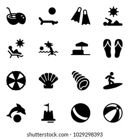 Solid vector icon set - coconut cocktail vector, lounger, flippers, reading, beach, palm, inflatable pool, flip flops, parasol, shell, surfing, dolphin, sand castle, ball