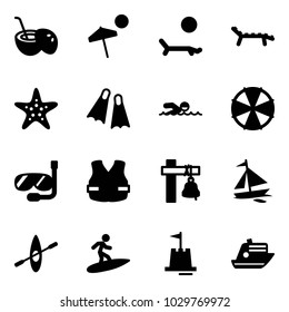 Solid vector icon set - coconut cocktail vector, beach, lounger, starfish, flippers, swimming, parasol, diving, life vest, ship bell, sail boat, kayak, surfing, sand castle, cruiser