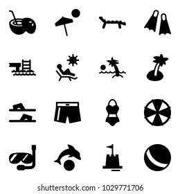 Solid vector icon set - coconut cocktail vector, beach, lounger, flippers, pool, palm, flip flops, swimsuit, parasol, diving, dolphin, sand castle, ball