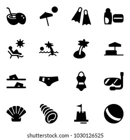 Solid vector icon set - coconut cocktail vector, beach, flippers, uv cream, palm, inflatable pool, flip flops, swimsuit, diving, shell, sand castle, ball