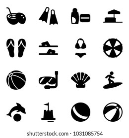 Solid vector icon set - coconut cocktail vector, flippers, uv cream, inflatable pool, flip flops, swimsuit, parasol, ball, diving, shell, surfing, dolphin, sand castle, beach