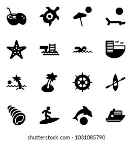 Solid vector icon set - coconut cocktail vector, sea turtle, beach, lounger, starfish, pool, swimming, hotel, palm, hand wheel, kayak, shell, surfing, dolphin, cruiser