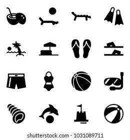 Solid vector icon set - coconut cocktail vector, lounger, flippers, palm, inflatable pool, flip flops, swimsuit, ball, diving, shell, dolphin, sand castle, beach