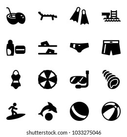 Solid vector icon set - coconut cocktail vector, lounger, flippers, pool, uv cream, flip flops, swimsuit, parasol, diving, shell, surfing, dolphin, ball, beach