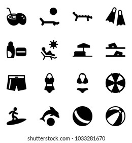 Solid vector icon set - coconut cocktail vector, lounger, flippers, uv cream, beach, inflatable pool, flip flops, swimsuit, parasol, surfing, dolphin, ball