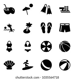 Solid vector icon set - coconut cocktail vector, beach, flippers, pool, palm, flip flops, swimsuit, parasol, ball, shell, surfing