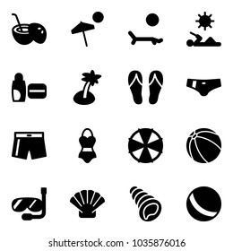 Solid vector icon set - coconut cocktail vector, beach, lounger, reading, uv cream, palm, flip flops, swimsuit, parasol, ball, diving, shell