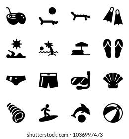 Solid vector icon set - coconut cocktail vector, lounger, flippers, reading, palm, inflatable pool, flip flops, swimsuit, diving, shell, surfing, dolphin, beach ball