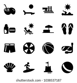 Solid vector icon set - coconut cocktail vector, lounger, pool, reading, uv cream, beach, inflatable, flip flops, swimsuit, parasol, ball, diving, shell, surfing, sand castle
