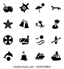 Solid vector icon set - coconut cocktail vector, sea turtle, beach, lounger, starfish, flippers, palm, parasol, diving, waves, kayak, dolphin, sand castle, cruiser, toy boat