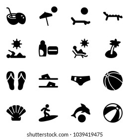 Solid vector icon set - coconut cocktail vector, beach, lounger, reading, uv cream, palm, flip flops, swimsuit, ball, shell, surfing, dolphin