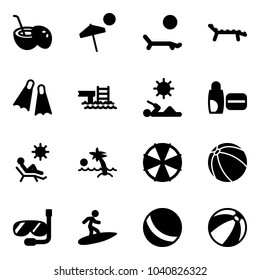 Solid vector icon set - coconut cocktail vector, beach, lounger, flippers, pool, reading, uv cream, palm, parasol, ball, diving, surfing