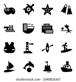 Solid vector icon set - coconut cocktail vector, sea turtle, starfish, flippers, pool, hotel, palm, life vest, lighthouse, kayak, surfing, windsurfing, dolphin, sand castle, toy boat