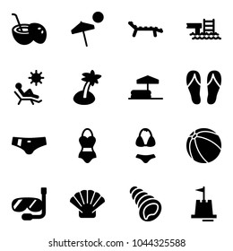 Solid vector icon set - coconut cocktail vector, beach, lounger, pool, palm, inflatable, flip flops, swimsuit, ball, diving, shell, sand castle