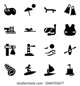 Solid vector icon set - coconut cocktail vector, beach, lounger, flippers, pool, swimming, diving, life vest, ship bell, lighthouse, waves, kayak, shell, surfing, windsurfing, sand castle