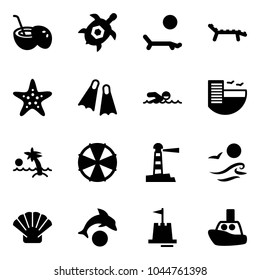 Solid vector icon set - coconut cocktail vector, sea turtle, lounger, starfish, flippers, swimming, hotel, palm, parasol, lighthouse, waves, shell, dolphin, sand castle, toy boat