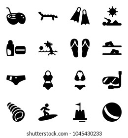 Solid vector icon set - coconut cocktail vector, lounger, flippers, reading, uv cream, palm, flip flops, swimsuit, diving, shell, surfing, sand castle, ball