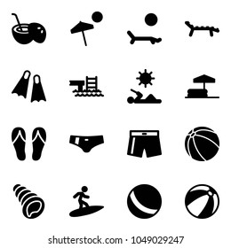 Solid vector icon set - coconut cocktail vector, beach, lounger, flippers, pool, reading, inflatable, flip flops, swimsuit, ball, shell, surfing