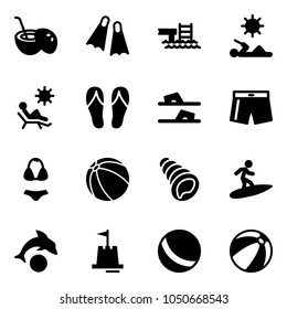 Solid vector icon set - coconut cocktail vector, flippers, pool, reading, beach, flip flops, swimsuit, ball, shell, surfing, dolphin, sand castle