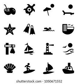 Solid vector icon set - coconut cocktail vector, sea turtle, beach, lounger, starfish, flippers, swimming, hotel, ship bell, sail boat, lighthouse, waves, shell, surfing, windsurfing, toy