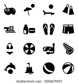 Solid vector icon set - coconut cocktail vector, beach, lounger, flippers, pool, uv cream, flip flops, swimsuit, parasol, diving, shell, dolphin, sand castle, ball