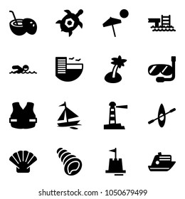 Solid vector icon set - coconut cocktail vector, sea turtle, beach, pool, swimming, hotel, palm, diving, life vest, sail boat, lighthouse, kayak, shell, sand castle, cruiser