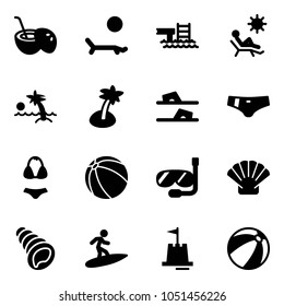 Solid vector icon set - coconut cocktail vector, lounger, pool, beach, palm, flip flops, swimsuit, ball, diving, shell, surfing, sand castle