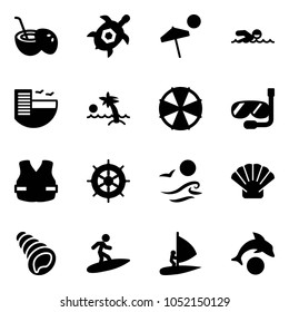 Solid vector icon set - coconut cocktail vector, sea turtle, beach, swimming, hotel, palm, parasol, diving, life vest, hand wheel, waves, shell, surfing, windsurfing, dolphin