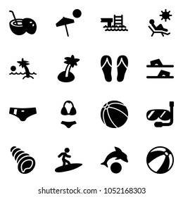 Solid vector icon set - coconut cocktail vector, beach, pool, palm, flip flops, swimsuit, ball, diving, shell, surfing, dolphin