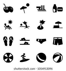 Solid vector icon set - coconut cocktail vector, beach, pool, uv cream, palm, inflatable, flip flops, swimsuit, parasol, surfing, ball