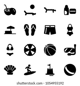 Solid vector icon set - coconut cocktail vector, lounger, uv cream, inflatable pool, flip flops, swimsuit, parasol, ball, diving, shell, surfing, sand castle