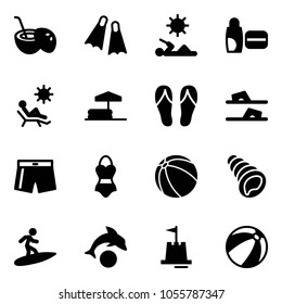 Solid vector icon set - coconut cocktail vector, flippers, reading, uv cream, beach, inflatable pool, flip flops, swimsuit, ball, shell, surfing, dolphin, sand castle