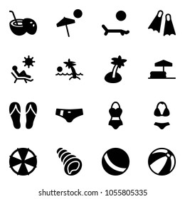 Solid vector icon set - coconut cocktail vector, beach, lounger, flippers, palm, inflatable pool, flip flops, swimsuit, parasol, shell, ball